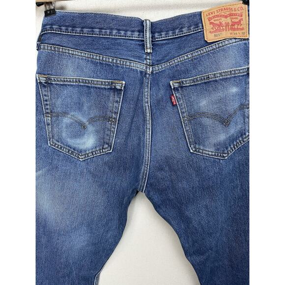 Levi's 505 Regular Fit Straight Leg Blue Jeans 90s Men's 34x32 (34x30) Grunge - Picture 12 of 15